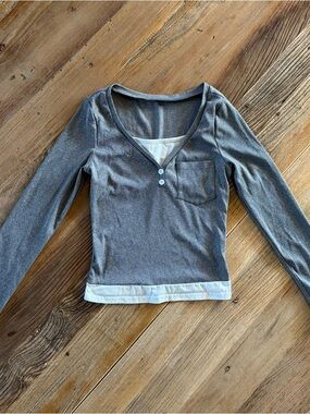 Gray Long Sleeve Henley Layered-Look Top